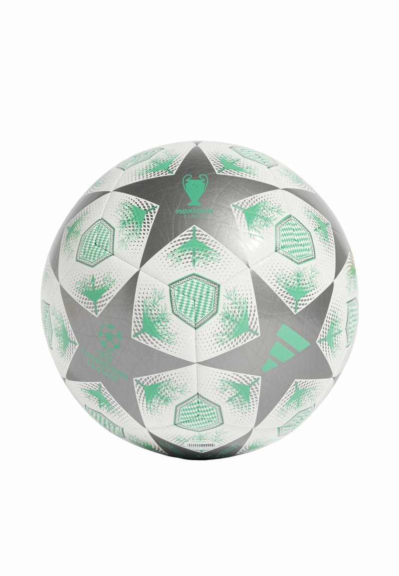 Adidas soccer ball featuring a hexagonal pattern in white and green on a gray background, with textured surface and branding details.