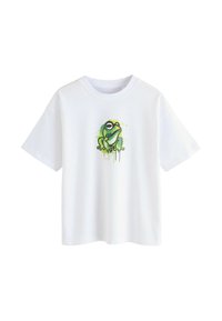 Weißes Baumwoll-T-Shirt mit einem grünen Cartoon-Frosch-Graphic in der Mitte, umgeben von Spritzern in Gelb und Grün.