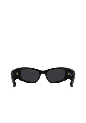 Lunettes de soleil rectangulaires noires avec des montures épaisses et brillantes et des verres teintés foncés isolées sur fond blanc.