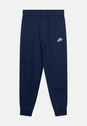 Sötétkék melegítőnadrág puha anyagból, rugalmas derékkal és szárvégekkel, bal oldalon fehér Nike logóval.