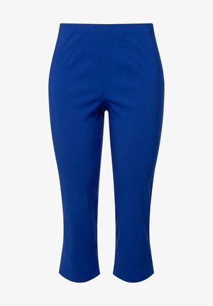 Pantalones cortos azules de tejido elástico, con una textura suave y líneas limpias, con una cintura ajustada y sin herrajes ni bolsillos visibles.