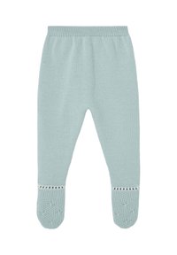 Pantalons en tricot bleu clair avec une taille en côtes et des accents texturés aux pieds, présentant une bordure en dentelle décorative autour des chevilles.