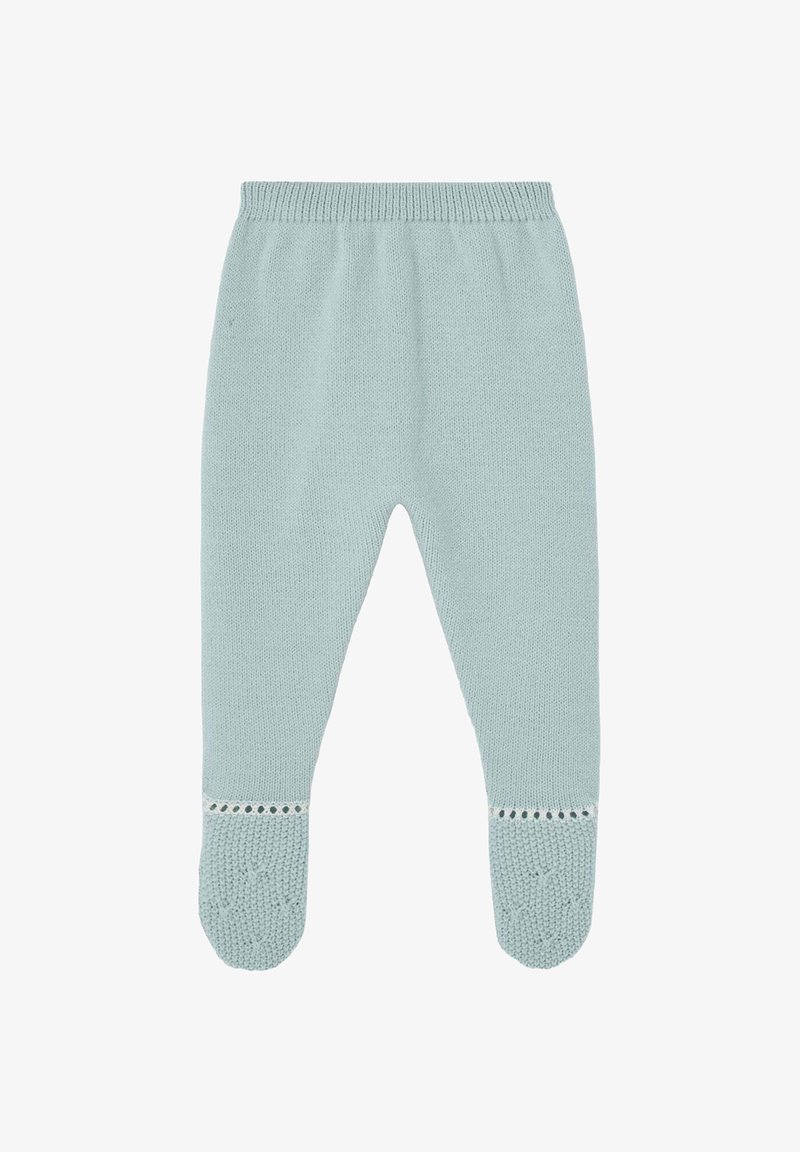 Pantalons en tricot bleu clair avec une taille en côtes et des accents texturés aux pieds, présentant une bordure en dentelle décorative autour des chevilles.