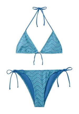 Bikini a triangolo con motivo a chevron blu testurizzato, con collo halter e lacci laterali sui pantaloncini.