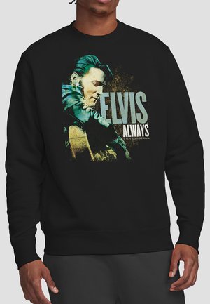 Schwarzer Pullover mit einem vintage-inspirierten Motiv von Elvis Presley, der Gitarre spielt, und dem Text "ELVIS ALWAYS THE ORIGINAL."