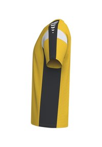 Maillot de sport à manches courtes en jaune et noir, présentant un design texturé avec des accents blancs sur les épaules et des rayures sportives.