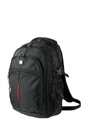 Sac à dos noir à plusieurs poches avec des zips, poche en mesh sur le côté, bretelles ajustables et un petit accent rouge sur la poche avant.