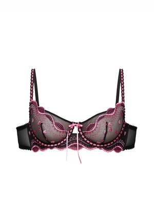 Schwarzer Netz-BH mit pinken, bestickten Akzenten, gezackten Kanten und einer zentralen Schleife. Verstellbare Träger und ein Rückenverschluss mit Haken und Ösen.