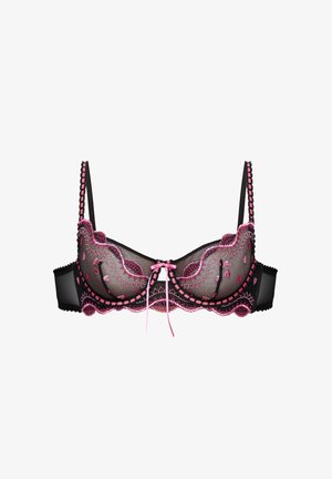 Reggiseno in rete nera con dettagli ricamati rosa, bordi smerlati e un fiocco centrale. Spalline regolabili e chiusura posteriore con ganci.