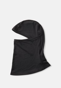 Sort balaclava lavet af strækbart, letvægtsstof. Har en glat tekstur, tætsiddende design og sømløse kanter, velegnet til dækning af hoved og nakke.