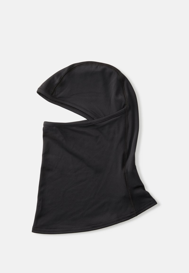 Sort balaclava lavet af strækbart, letvægtsstof. Har en glat tekstur, tætsiddende design og sømløse kanter, velegnet til dækning af hoved og nakke.
