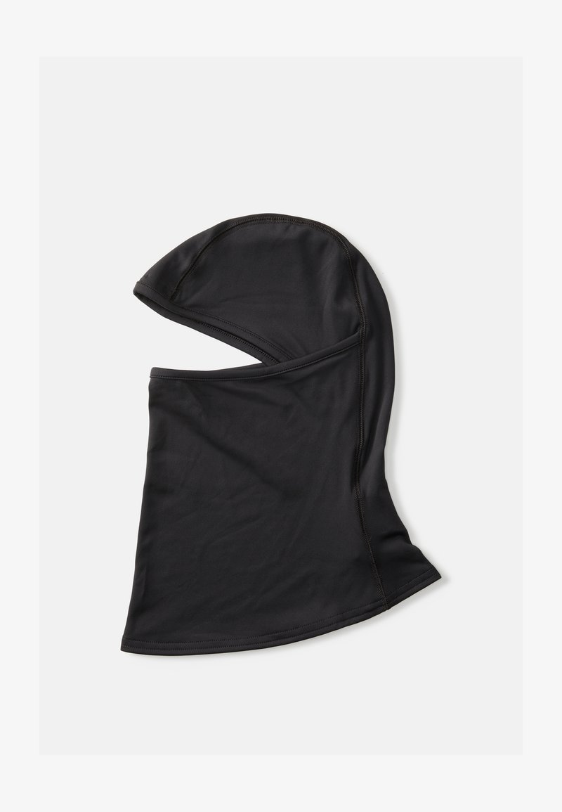 Sort balaclava lavet af strækbart, letvægtsstof. Har en glat tekstur, tætsiddende design og sømløse kanter, velegnet til dækning af hoved og nakke.