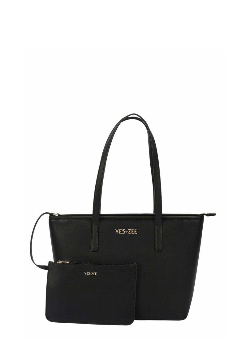Borsa tote in ecopelle nera con finiture dorate; presenta due manici lunghi e una pochette con zip abbinata di dimensioni più piccole.