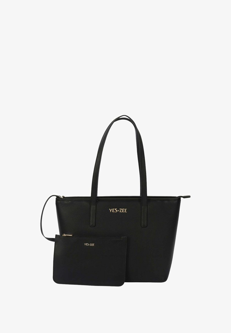 Borsa tote in ecopelle nera con finiture dorate; presenta due manici lunghi e una pochette con zip abbinata di dimensioni più piccole.
