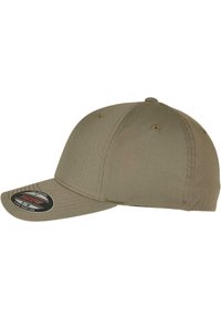 Khaki pet met een stijve, gebogen rand, een stoffen zweetband en zes ventilatie-oogjes. Voorzien van een Flexfit-logo op de rand.