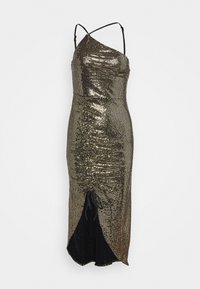 Robe en sequins dorés brillants avec une silhouette ajustée, décolleté asymétrique et doublure intérieure noire. Dotée de bretelles fines et ajustables ainsi que d'une fente sur le côté.