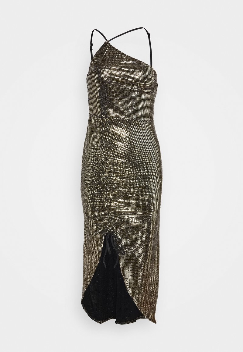 Robe en sequins dorés brillants avec une silhouette ajustée, décolleté asymétrique et doublure intérieure noire. Dotée de bretelles fines et ajustables ainsi que d'une fente sur le côté.
