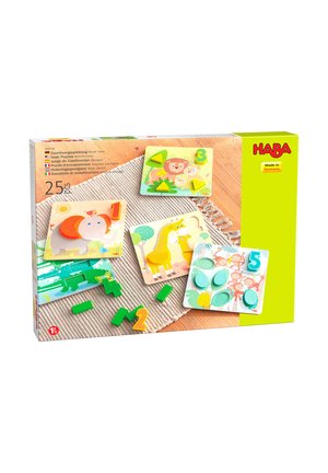 Set de puzzle en bois pour enfants avec illustrations d'animaux sauvages, chiffres et pièces amovibles pour associer et compter, par HABA, fabriqué en Allemagne.