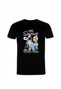 Camiseta negra con el texto "The Simpsons Treehouse of Horror" y personajes esqueletos con vaqueros azules sirviendo cerveza y haciendo skate.