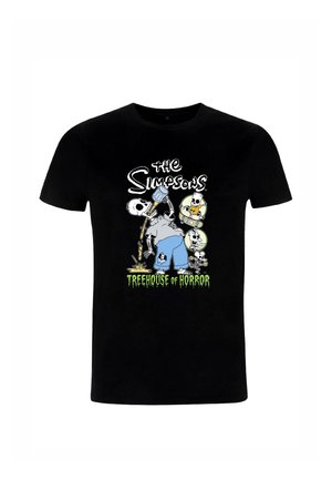 Camiseta negra con el texto "The Simpsons Treehouse of Horror" y personajes esqueletos con vaqueros azules sirviendo cerveza y haciendo skate.