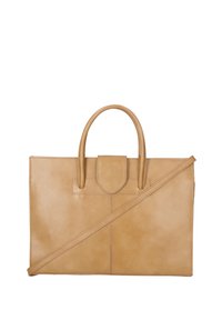 Borsa a tracolla in pelle tan con due manici superiori e una tracolla rimovibile. Caratterizzata da una superficie liscia e un design minimalista senza modelli visibili.