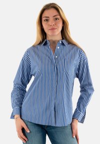 Camisa de botones a rayas azules y blancas con cuello, que cuenta con un bolsillo en el pecho y mangas largas, fabricada en un tejido ligero.