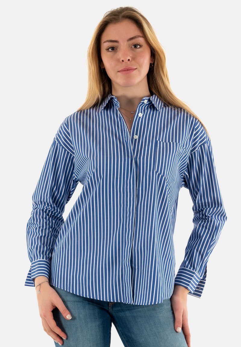 Camisa de botones a rayas azules y blancas con cuello, que cuenta con un bolsillo en el pecho y mangas largas, fabricada en un tejido ligero.