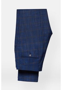Niebieskie spodnie w kratkę z teksturowanej tkaniny, z jednolitym zapięciem na guzik i podwójnymi zakładkami; zaprojektowane w dopasowanym kroju i z mankietami.