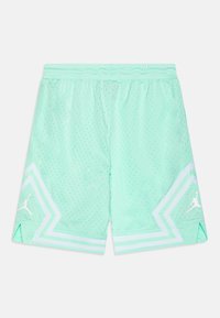Mintgröna nätträningsshorts med elastisk midja, vita accenter och ett diagonalt mönster med en logotyp på vänster ben.