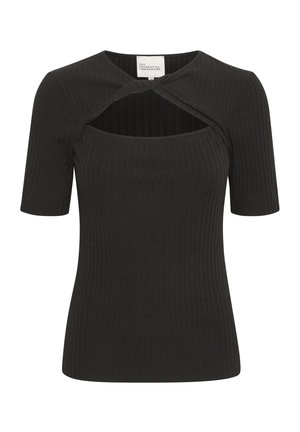 Crni rebrasti kratkotrajni top s kvadratnim izrezom i dizajnom u obliku križa sprijeda. Mekana tekstura, oblik prilagođen tijelu i rukavi srednje dužine.