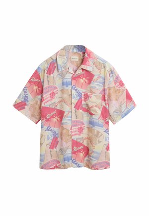 Korte mouwen shirt met een meerkleurige strandthema-print in roze, blauw en beige tinten. Inclusief een klassieke kraag en een borstzak.