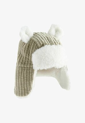 Cappello in corduroy grigio con dettagli in pelliccia sintetica bianca, dotato di alette a forma di orecchie e di un rivestimento morbido e testurizzato per calore e comfort.
