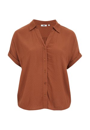 Kopparfärgad kortärmad blus med krage, knappstängning och textil med en subtil mönstring.