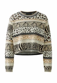 Gekürzter Strickpullover mit Tiermustern in Beige, Schwarz und Creme. Gerippter Ausschnitt und Bündchen, mit unterschiedlichen strukturierten Streifen.