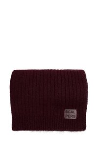 Gorro de punto burdeos con un patrón de canalé vertical. Presenta un pequeño parche gris de marca en la parte delantera. Textura suave, forma cilíndrica.