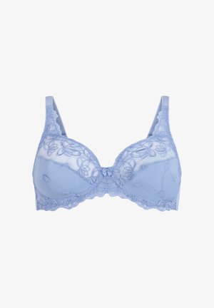 Hele helesinine rinnahoidja pitsdetailide, toetava traadi ja lillekirjaga. Reguleeritavad rihmad ja konks- ning silmukakk closure seljaosas.