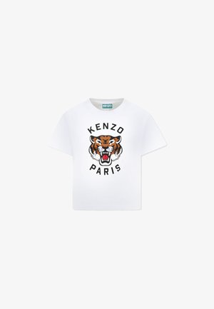 T-shirt en coton blanc avec un col rond et des manches courtes, ornée d'un motif de tigre coloré et du texte "KENZO PARIS" en dessous.