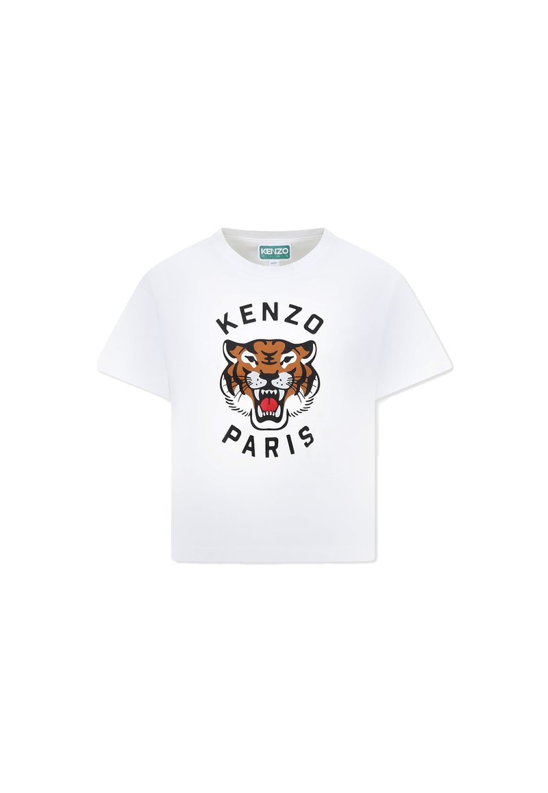 T-shirt en coton blanc avec un col rond et des manches courtes, ornée d'un motif de tigre coloré et du texte "KENZO PARIS" en dessous.