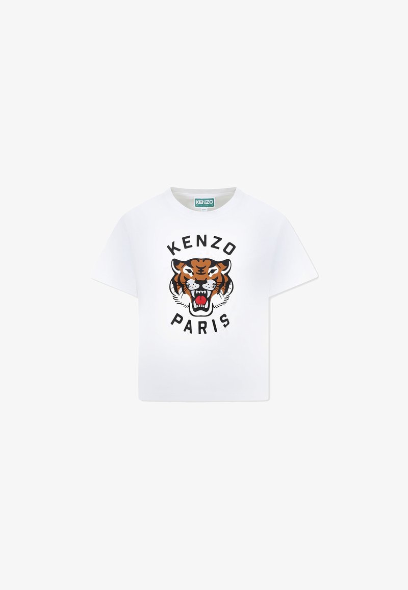 T-shirt en coton blanc avec un col rond et des manches courtes, ornée d'un motif de tigre coloré et du texte "KENZO PARIS" en dessous.
