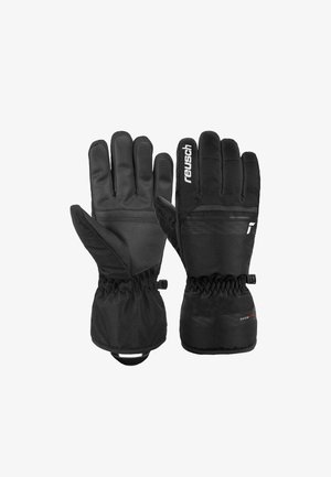 Black gloves with a smooth leather palm and soft fabric back. Features elastic wrist cuffs and a logo detail. Suitable for cold weather.