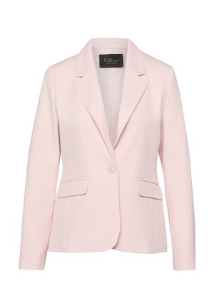 Lichtroze damesblazer met inkeping in de revers, enkele knoopsluiting en twee klepzakken aan de voorkant, getoond op een witte achtergrond.