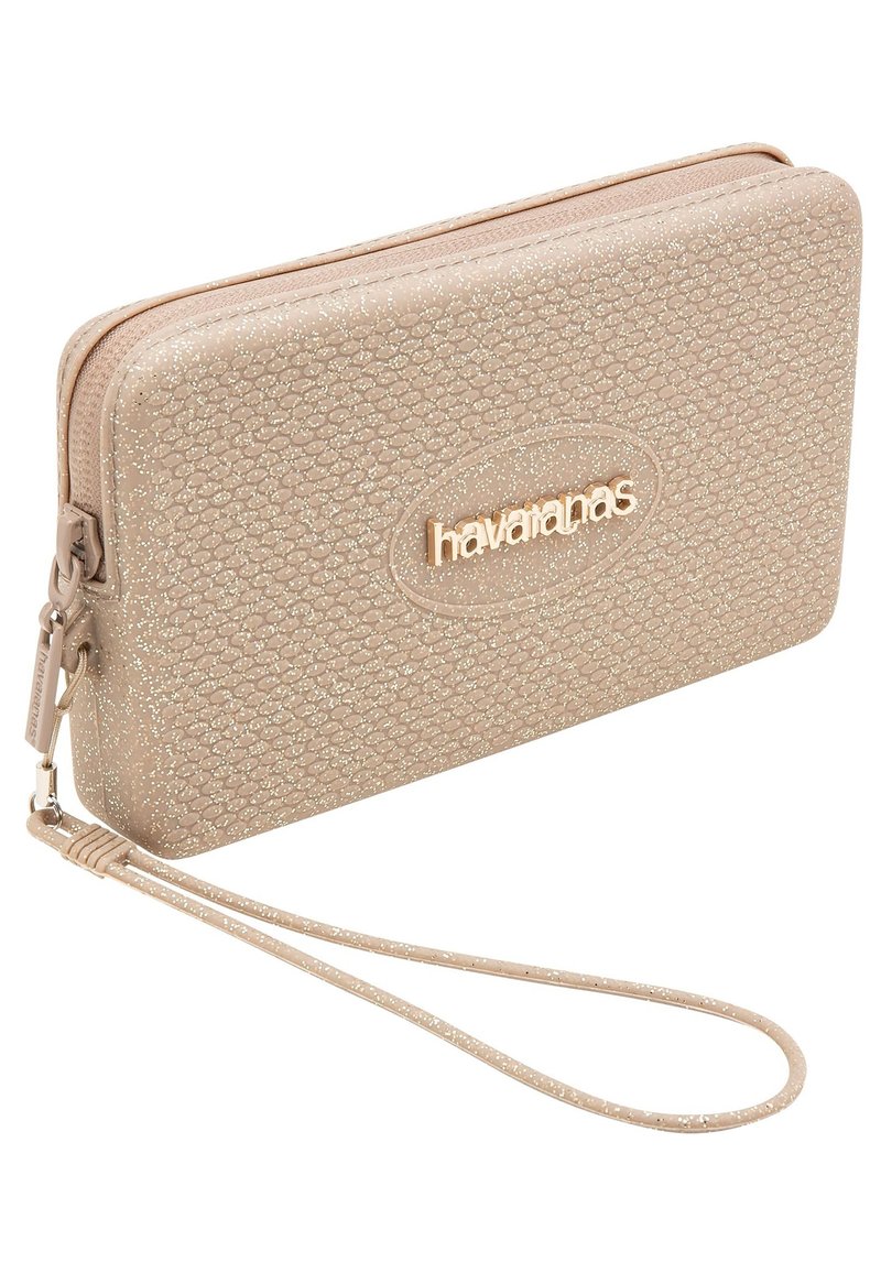 Gold and beige zippered clutch with a textured surface and subtle sparkle, featuring a wrist strap and a prominent brand logo.