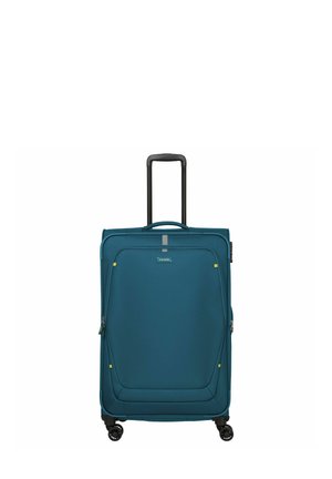 Teal suitcase with a textured surface, upright handle, four black wheels, and yellow accents. Features a front zipper pocket and logo.