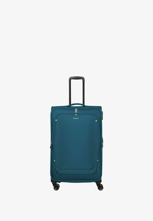 Türkisfarbener Koffer mit strukturiertem Oberflächen, aufrechtem Griff, vier schwarzen Rädern und gelben Akzenten. Mit einer vorderen Reißverschlusstasche und Logo.