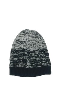 Beanie lavorato a maglia in nero e grigio, caratterizzato da un motivo testurizzato, un risvolto e un tessuto morbido ed elastico per il calore.