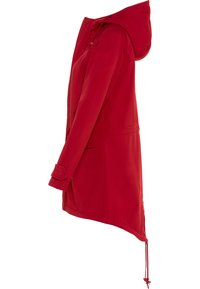 Roter Regenmantel mit Kapuze, Kordelzugsaum, langen Ärmeln, schlichter Schnitt und Seitentaschen. Hergestellt aus einem glatten, wasserdichten Material.