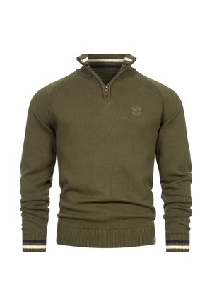 Zielonooliwkowy sweter robiony na drutach z kołnierzem na zamek błyskawiczny. Posiada ściągacze na rękawach i dolnym brzegu oraz paski w kolorze granatowym i kremowym.