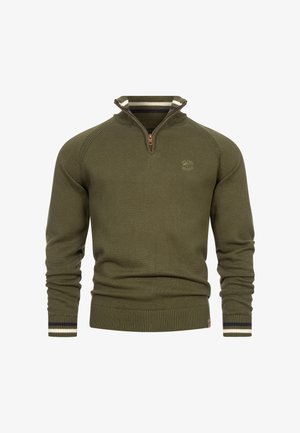 Zielonooliwkowy sweter robiony na drutach z kołnierzem na zamek błyskawiczny. Posiada ściągacze na rękawach i dolnym brzegu oraz paski w kolorze granatowym i kremowym.