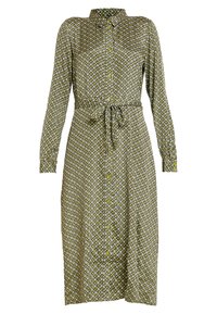 Long-sleeve shirt dress in green fabric with a geometric pattern, yellow buttons, belted waist tie, and a collared neckline.