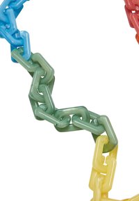Colorful plastic chain links in blue, green, yellow, and red; semi-transparent with a smooth texture and rectangular shapes.